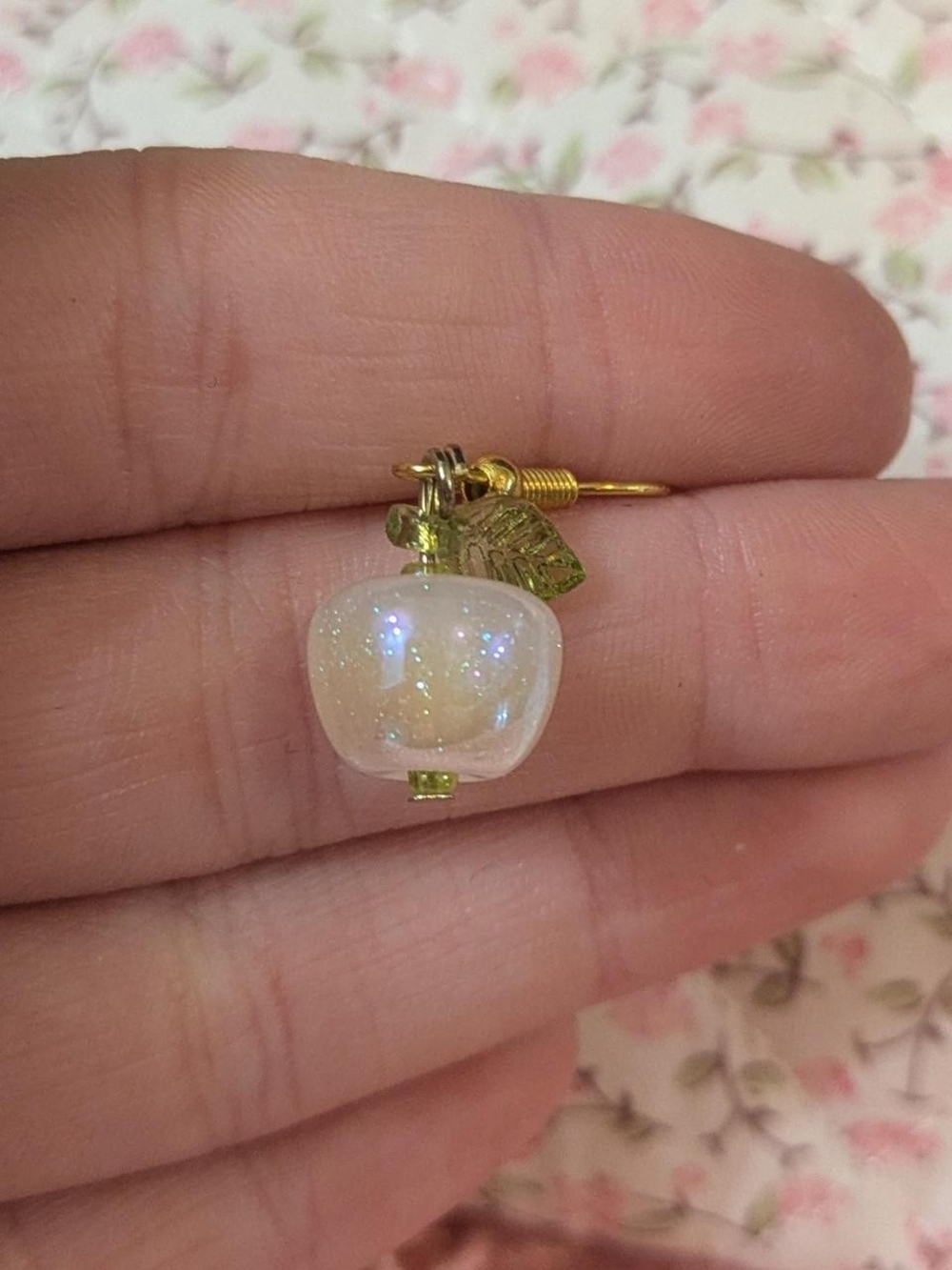 Iridescent White Apple Charm Drop Earrings with Gold-Tone Leaf